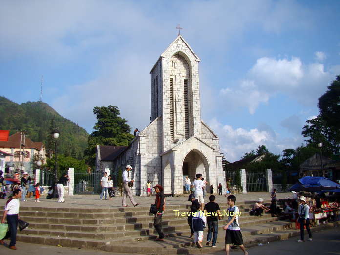 Stone Church in Sapa center, path to the Ham Rong Mountain to the left of the church