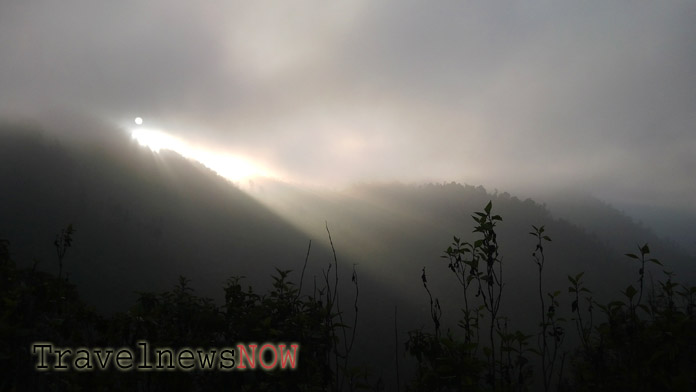 The misty Khau Pha Pass at Mu Cang Chai Yen Bai Vietnam