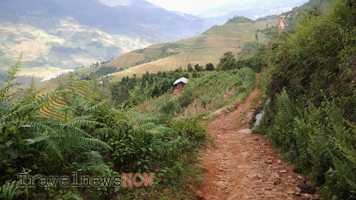 A hiking trail towards rice terraces at Mu Cang Chai