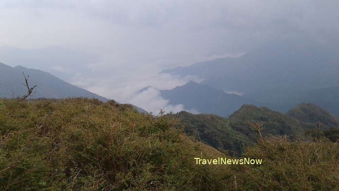 A captivating mountain view from campsite on a trekking tour to the summit of Mount Phu Song Sung (Ta Chi Nhu) in Yen Bai Vietnam