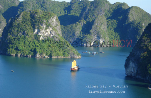 A boat sailing in the wonder of Halong Bay, Vietnam